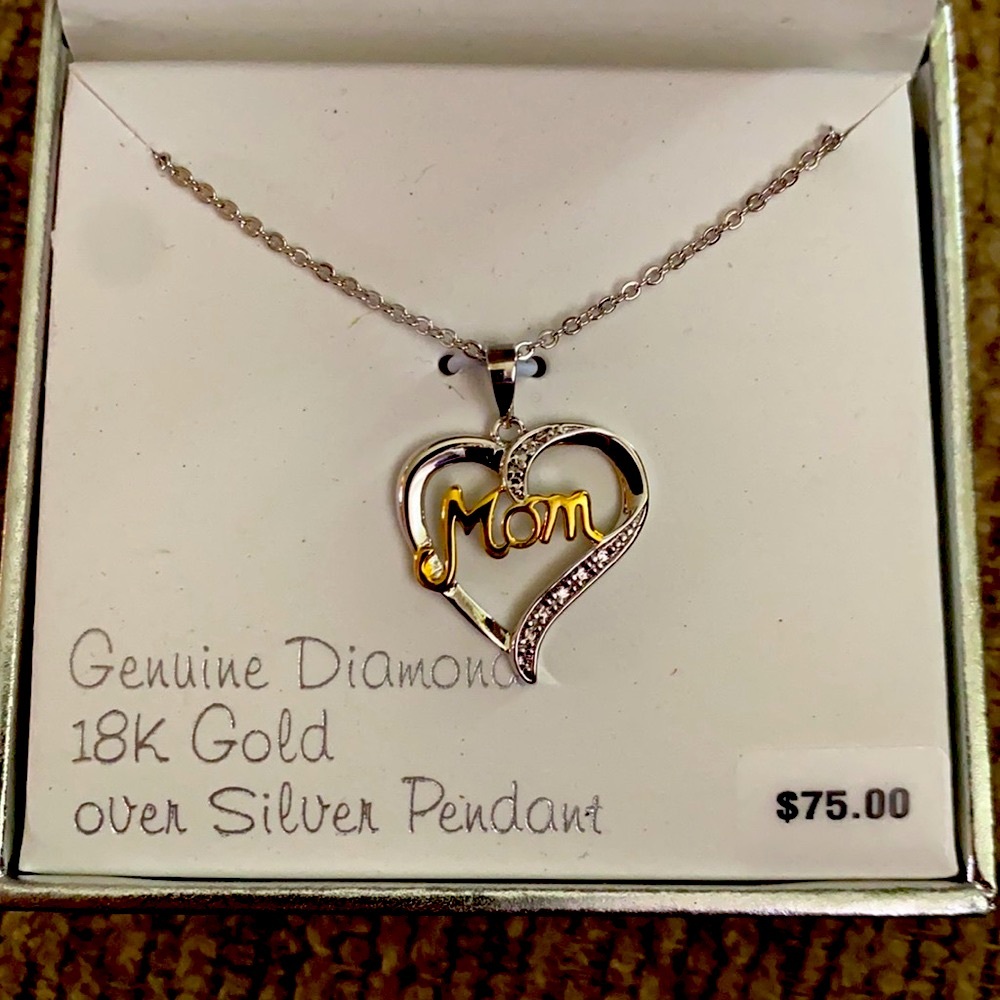 18k GOLD OVER STERLING SILVER GENUINE DIAMOND MOTHER’S HEART NE…